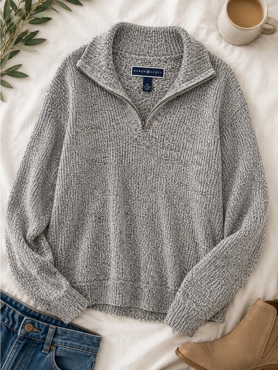 Karen Scott Sweaters - Karen Scott Gray Marled Quarter Zip Pullover Sweater XL Cozy Soft Knit